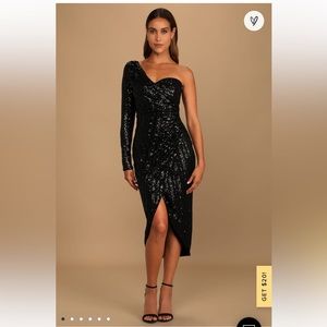Lulu’s elegant occasion black sequin one shoulder midi dress